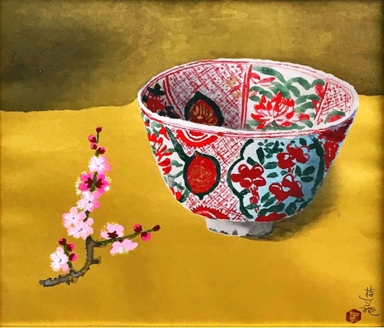 小倉遊亀　紅梅と古鉢　木版画