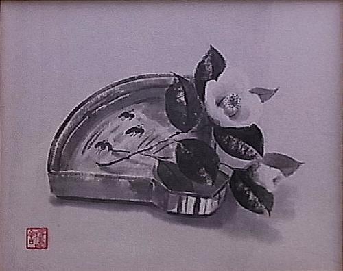 穐月明　織部扇鉢の白椿　6号　日本画